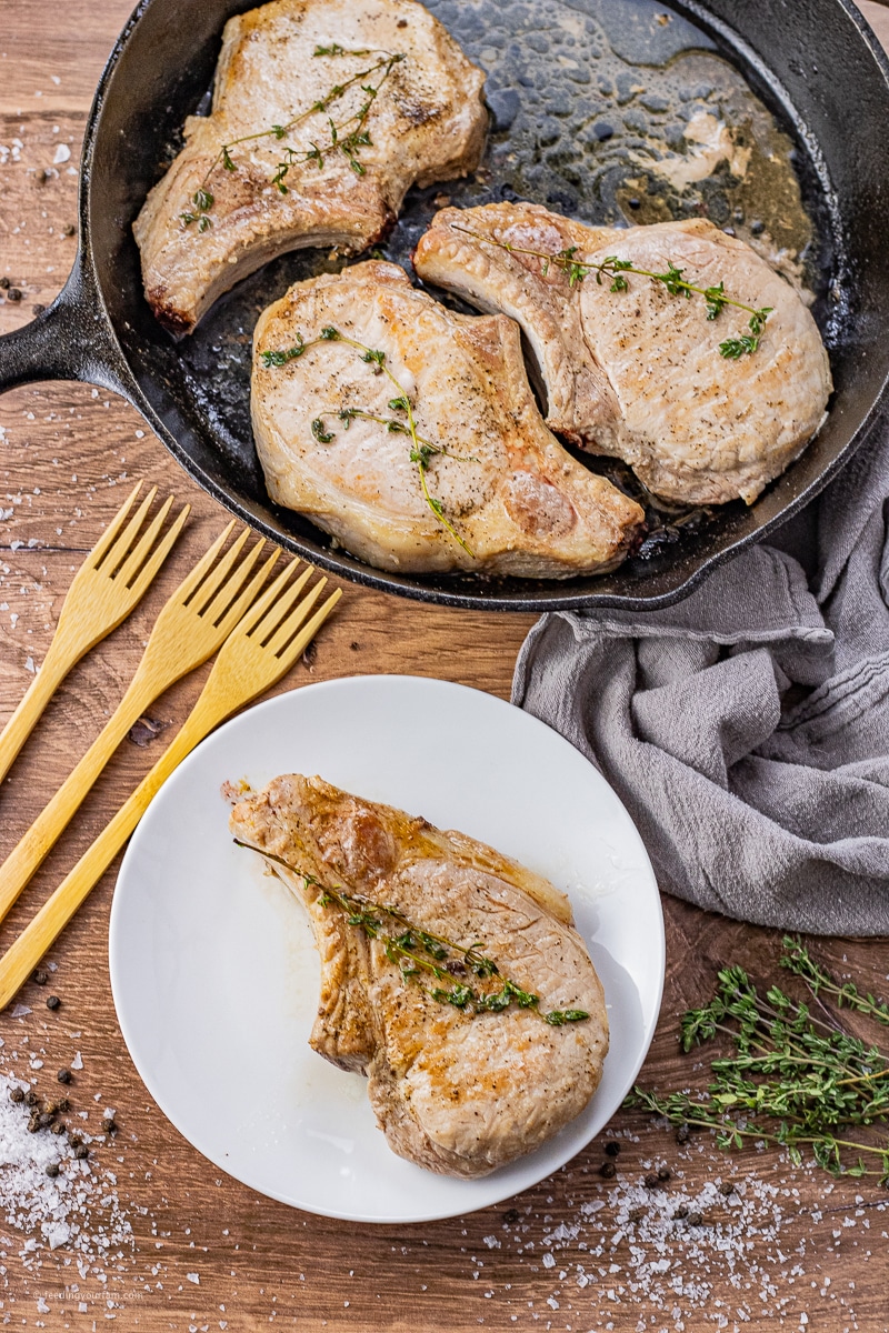 Not sure what to do with those bone in pork chops? Cast Iron Pork Chops are the answer, they are cooked to perfection in a cast iron pan right on the stovetop. These bone in pork chops come out juicy and flavorful every time, perfect for a quick weeknight meal.