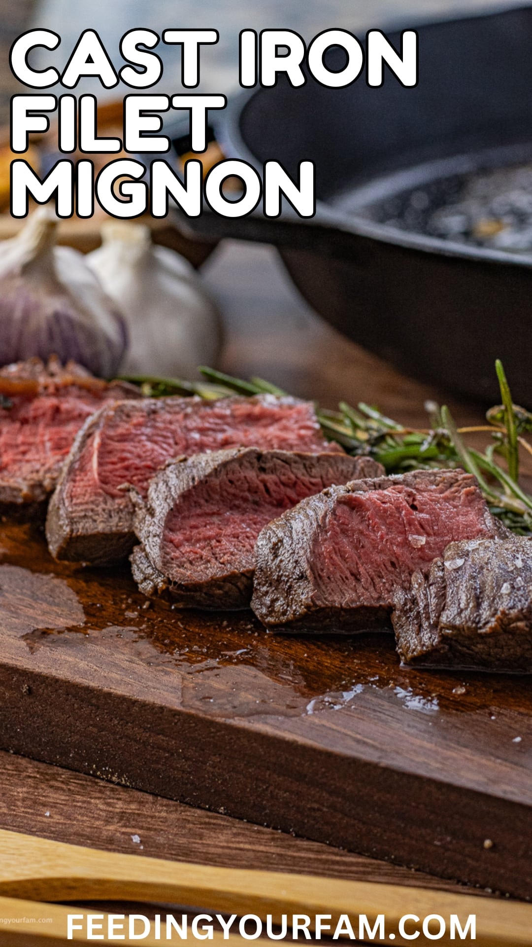 Tender filet mignon is seasoned with simple spices and cooked to perfection in a cast iron pan.