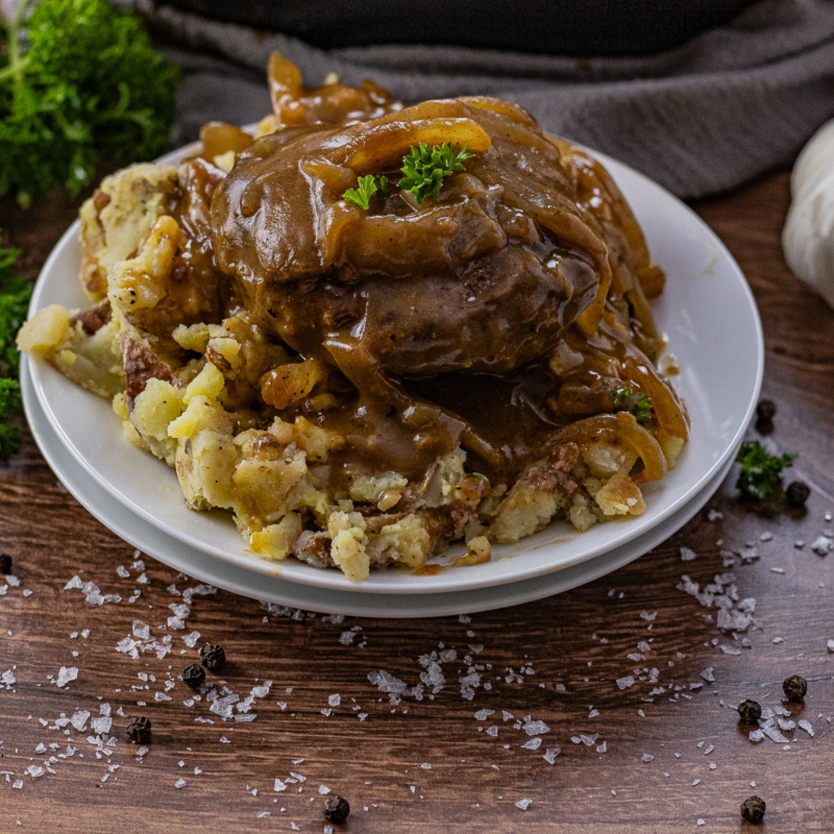 steak made from ground beef topped with onion gravy