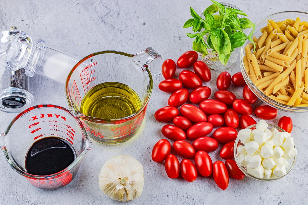 tomatoes, basil, pasta, mozzarella, garlic and balsamic vinegar, ingredients for a pasta salad