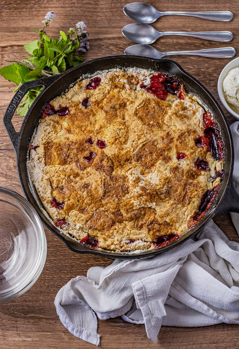 This cherry pineapple dump cake only takes 5 ingredients and cooks right in a cast iron skillet. The cake is sweet and moist, perfect for a simple weeknight treat or add it to the barbecue menu.