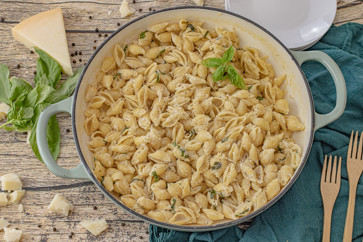 shell shaped pasta in a creamy garlic parmesan sauce with fresh basil