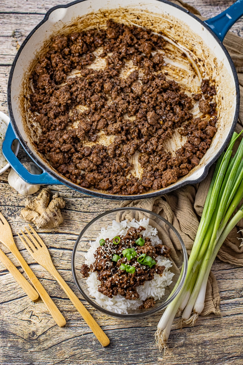 Korean Beef Rice Bowls are a savory dish of ground beef in a delicious sauce that comes together with just a few ingredients in under 20 minutes. Serve over rice for a simple dinner idea.