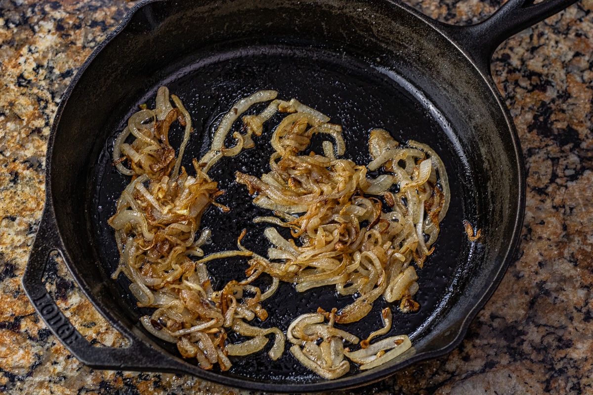 caramelized onions in a cast iron skillet