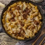 rigatoni pasta with caramelized onions in a creamy sauce