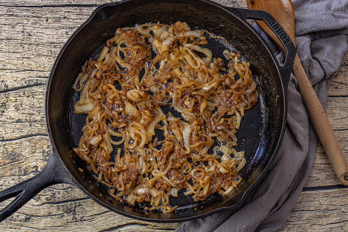 caramelized onions in a cast iron skillet