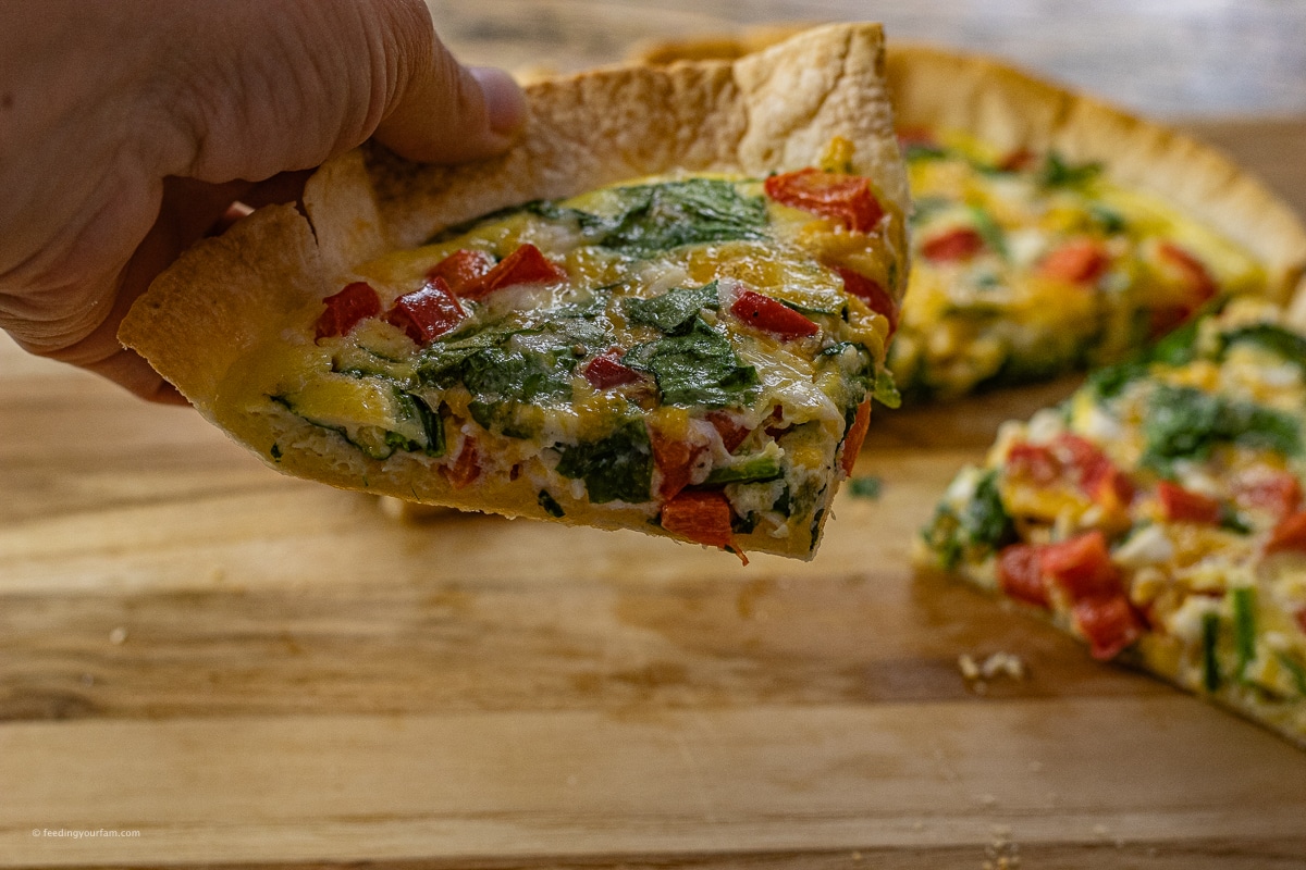 hand holding up a triangle piece of spinach, red pepper, tortilla egg bake