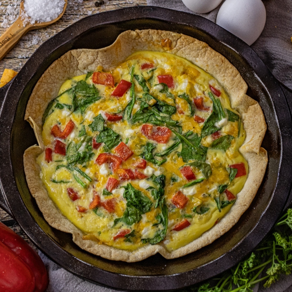 tortilla egg bake with spinach, red peppers and cottage cheese