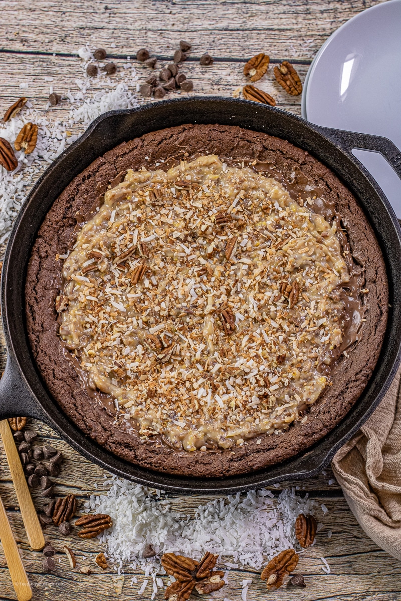 German chocolate cookies in a cast iron skillet. 