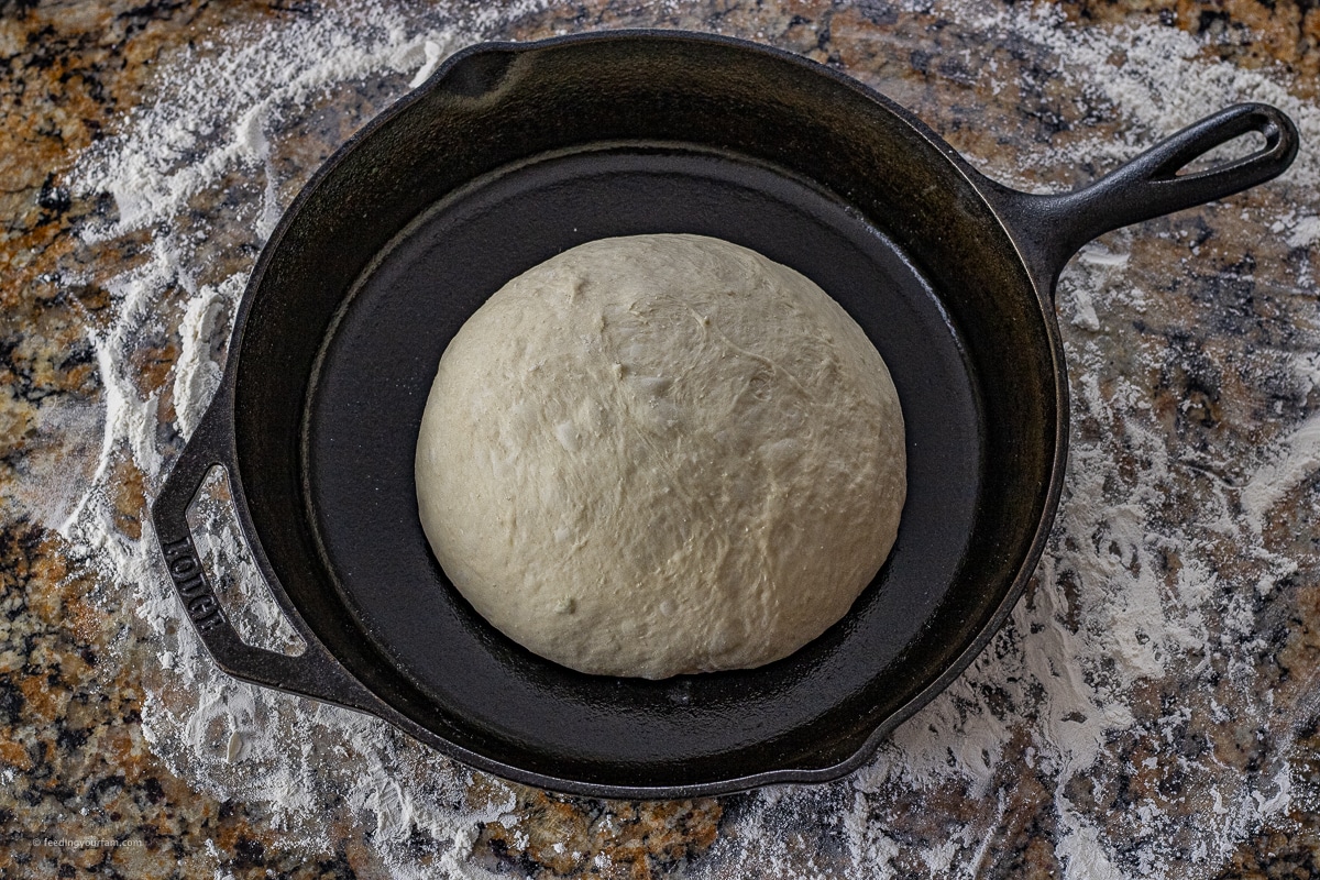 round ball of white bread dough in the center of a black cast iron pan