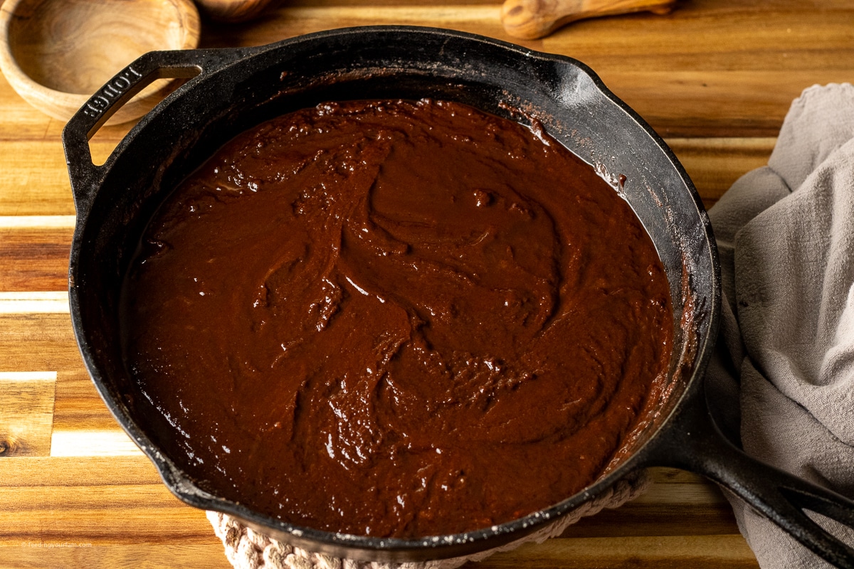 brownie batter made in a cast iron skillet