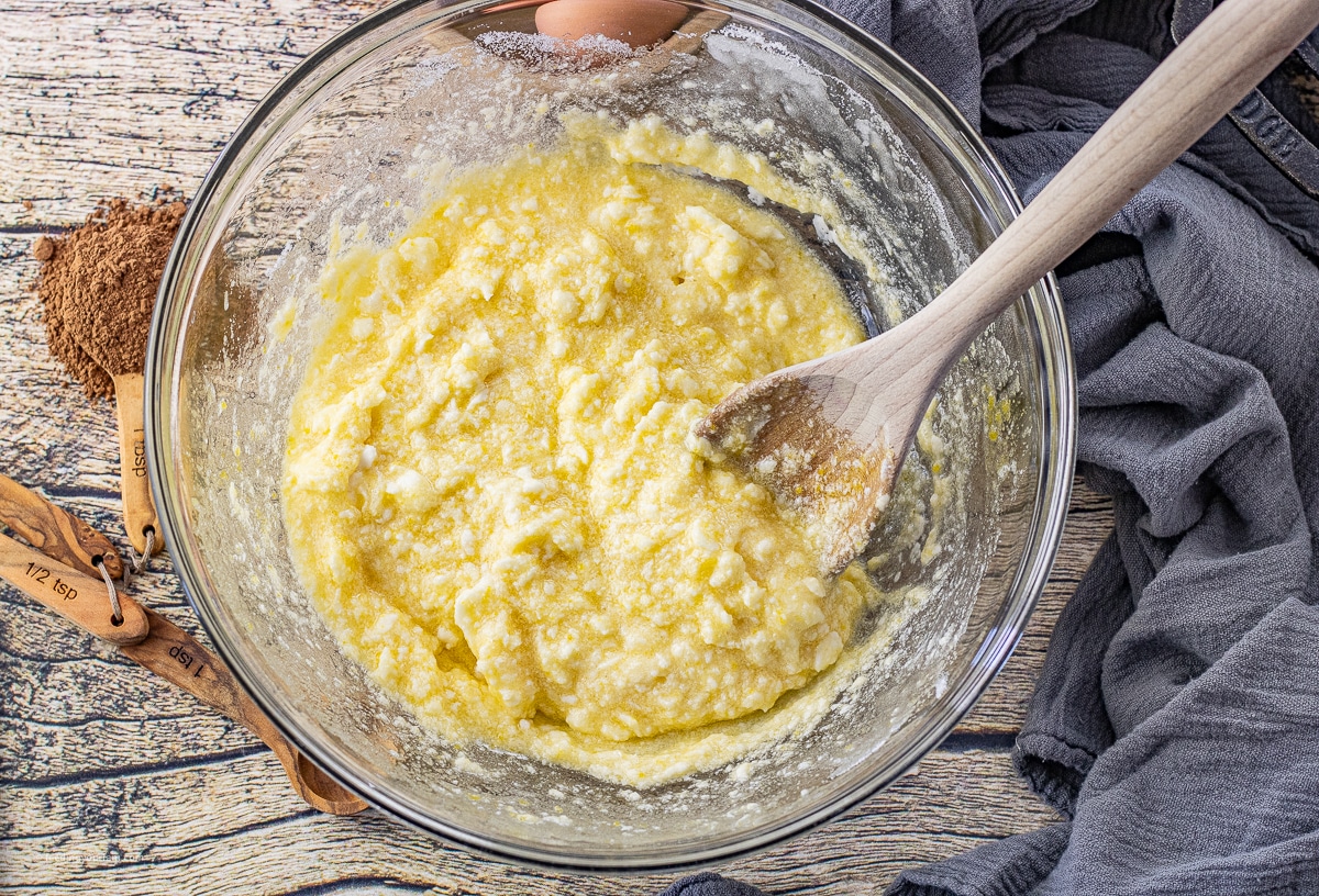 mixed butter and sugar in a glass bowl