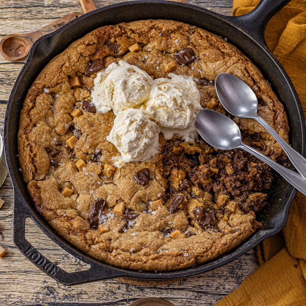 salted caramel chocolate cookie topped with vanilla ice cream