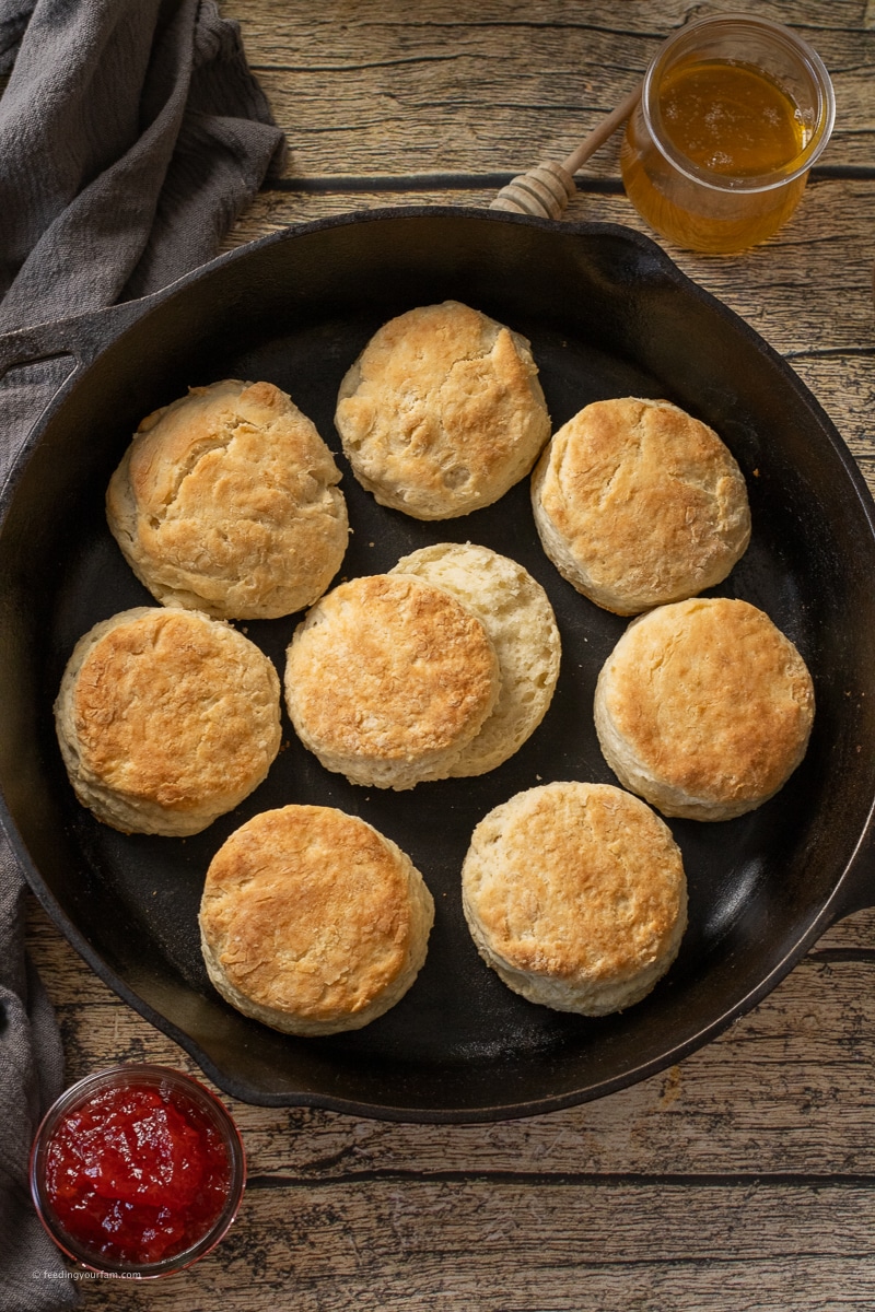 Want to make the best homemade biscuits of your life? Then read on! This buttery Cast Iron Biscuits recipe is a delicious combination of simple ingredients. With a trusty cast iron skillet, you’ll have flaky, buttery biscuits ready in no time. Add a pad of butter and a spoonful of strawberry jam for a simple breakfast.