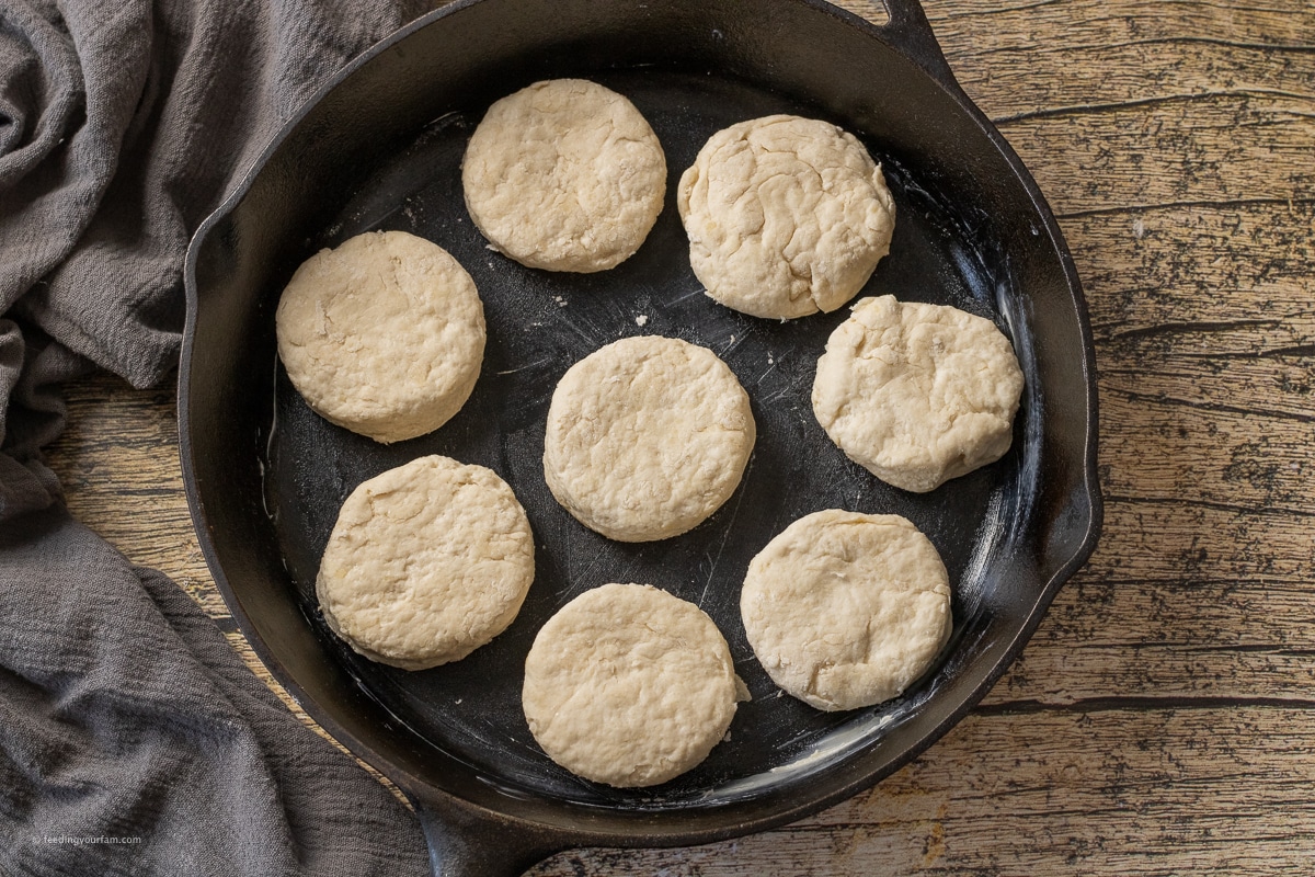 cut, uncooked skillet biscuits in a cast iron pan