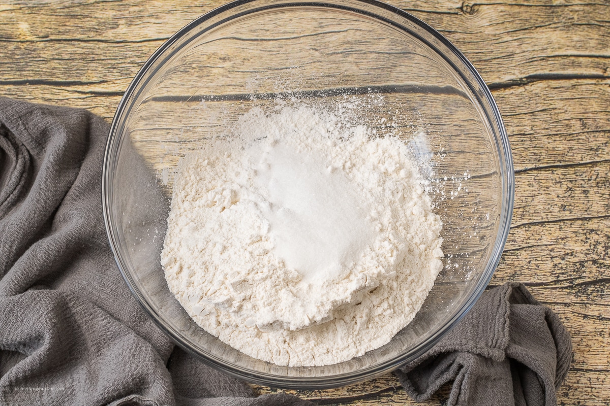 flour, sugar. baking powder and salt in a glass mixing bowl