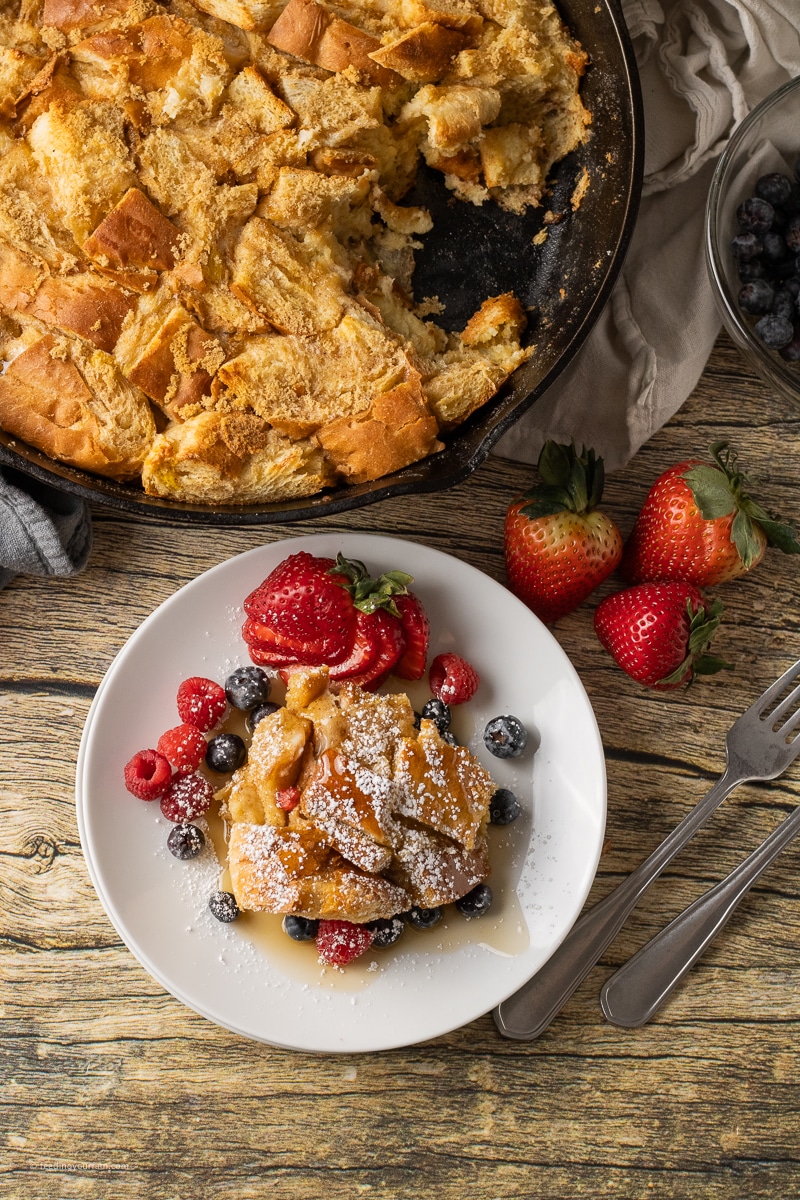 french toast casserole in a cast iron skillet 