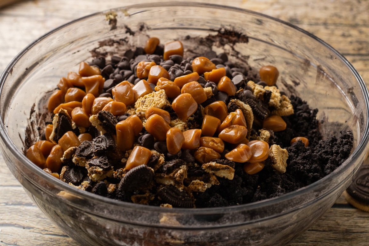 caramels, Oreos, chocolate chips on chocolate cookie dough