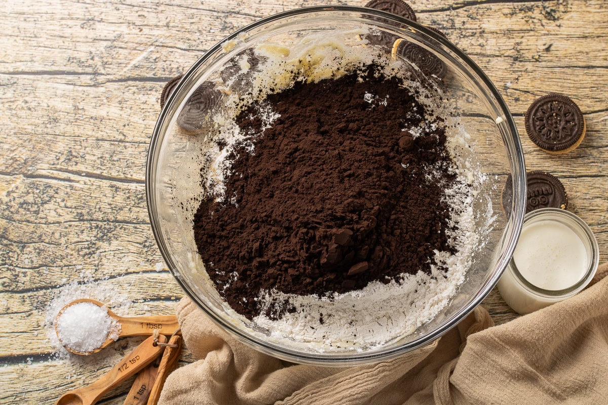 cocoa powder and flour in a mixing bowl