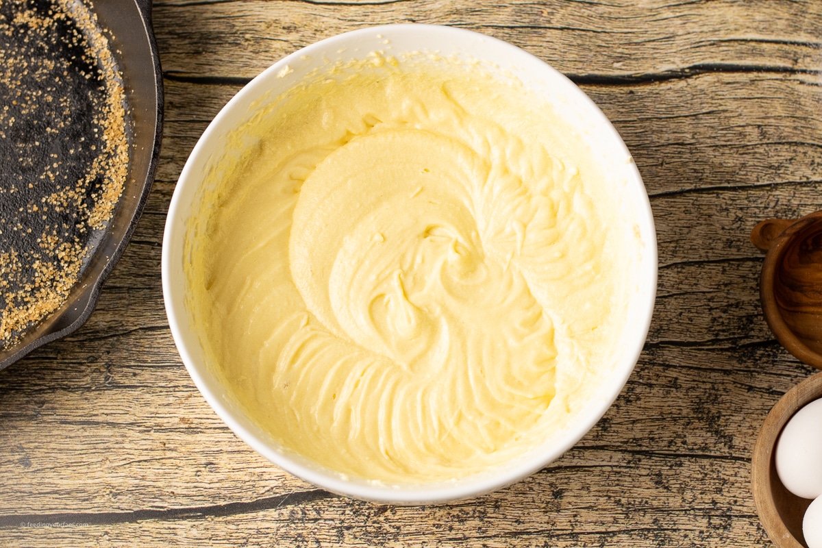 butter cake batter in a white bowl