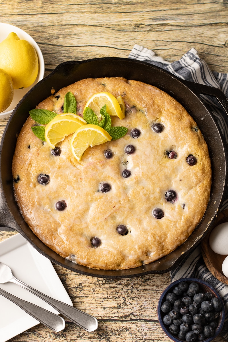 lemon blueberry cookie baked in a cast iron skillet