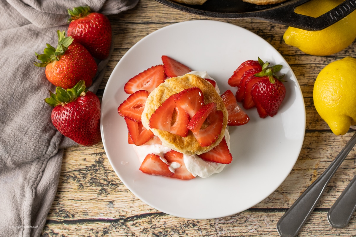 strawberry shortbread biscuits on a white plate