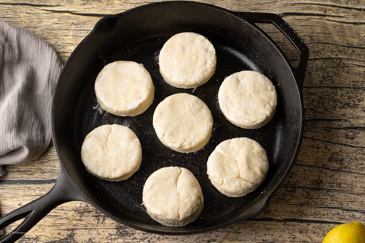 cut out biscuits in a cast iron skillet