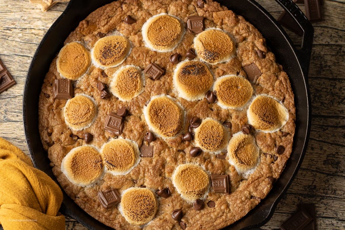 Overhead view of a warm skillet cookie topped with toasted marshmallows, chocolate, and graham cracker pieces, fresh from the oven.