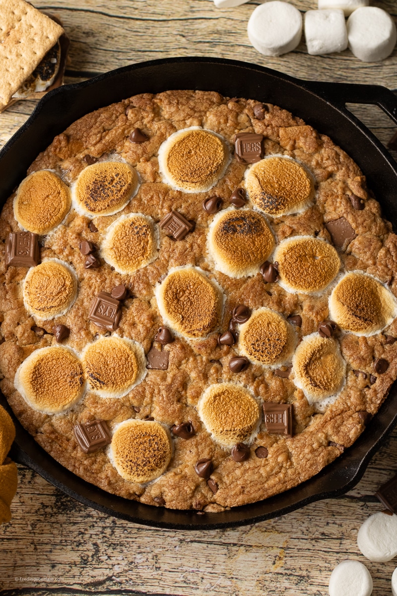 Brown Butter S’mores Skillet Cookie baked in a cast iron skillet with golden edges, melted chocolate, and toasted marshmallows on top, ready to be served warm.