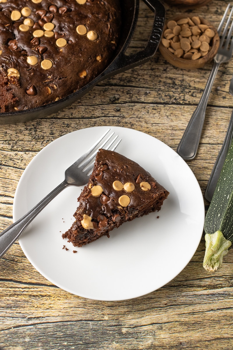 overhead image of a slice of chocolate peanut butter zucchini bread