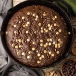 chocolate peanut butter chip zucchini bread in a cast iron skillet
