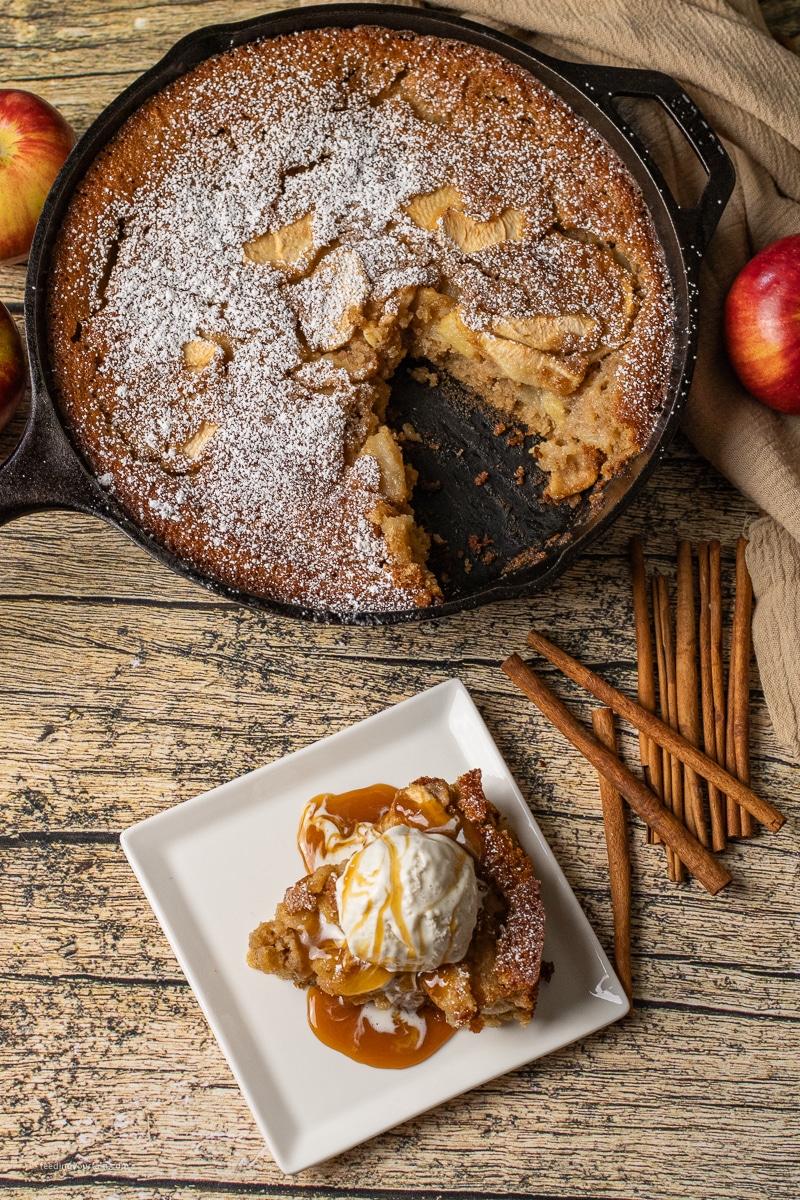 layered apple cake recipe baked in a cast iron skillet 