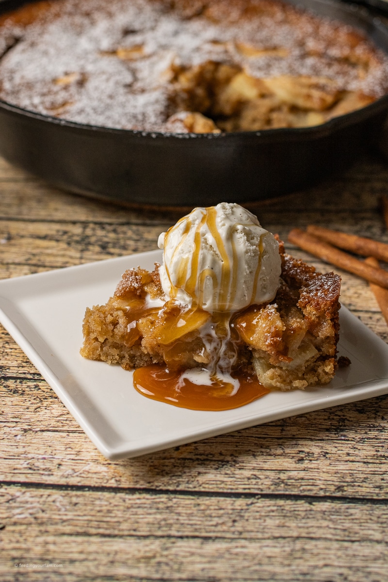 This Apple Skillet Cake has layers of soft, sweet cake and tangy apple slices all baked perfectly in a cast iron skillet. Loaded will all your favorite Fall flavors like cinnamon and nutmeg, this is a perfect dessert for a family party on a chilly evening.
