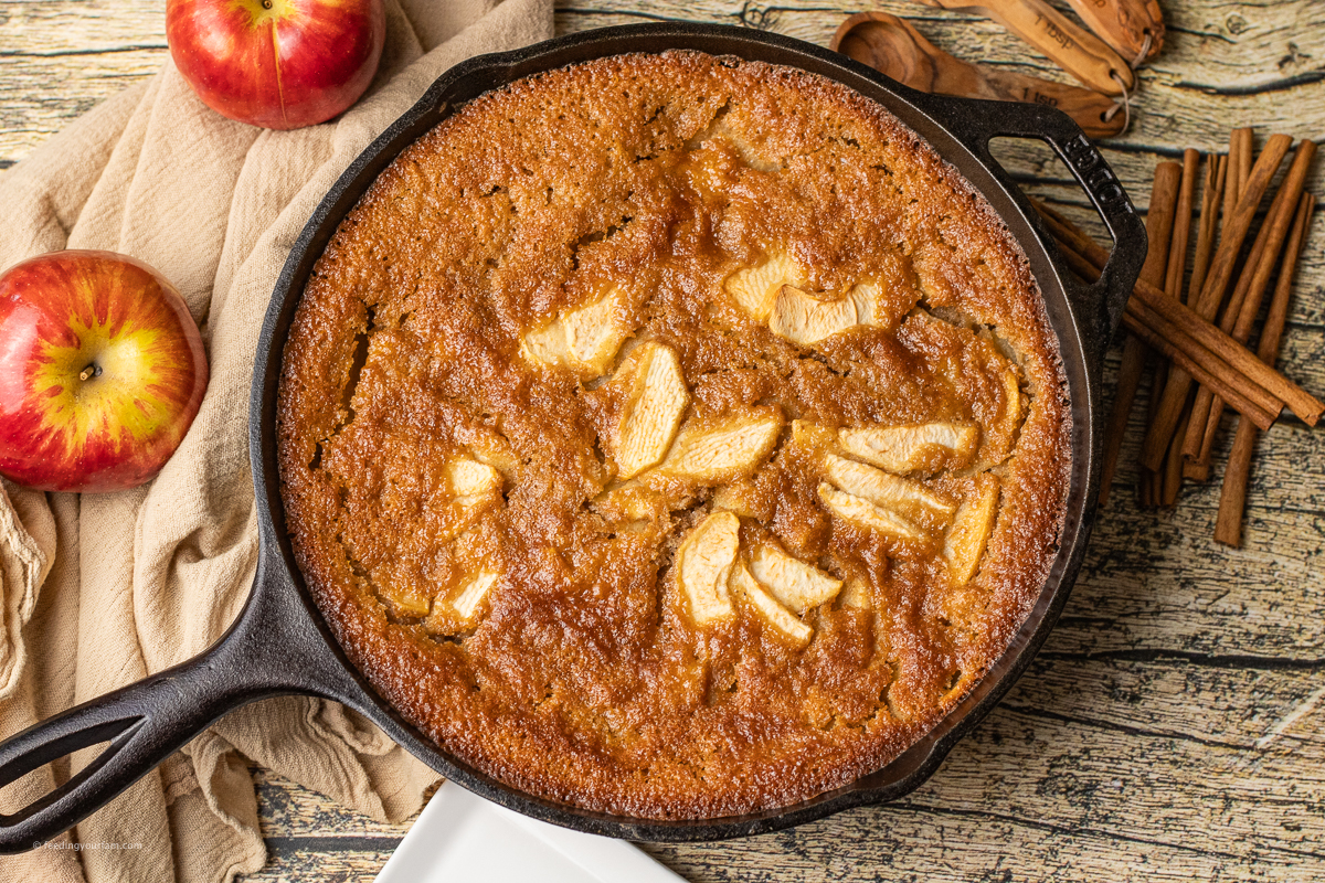 fresh apple cake baked in a cast iron skillet