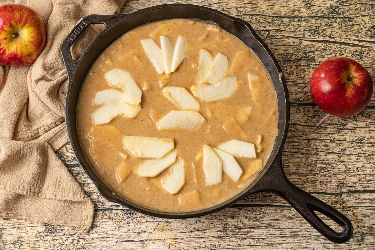 apple cake recipe in a cast iron skillet
