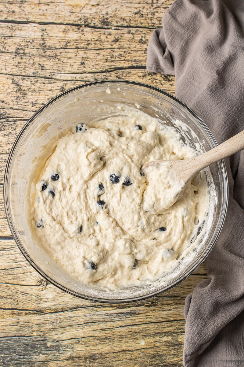 blueberry biscuit dough in a mixing bowl