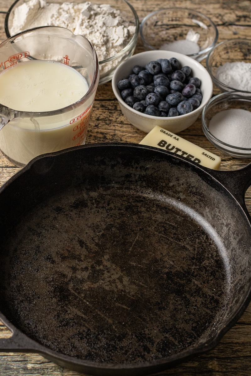 cast iron skillet with biscuit ingredients