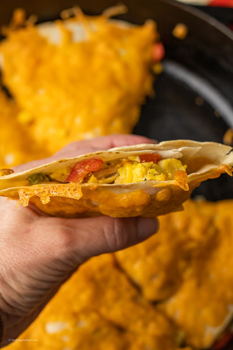 tortilla stuffed with scrambled eggs and topped with melted cheese