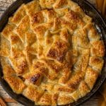 skillet apple pie made with a puff pastry crust topping