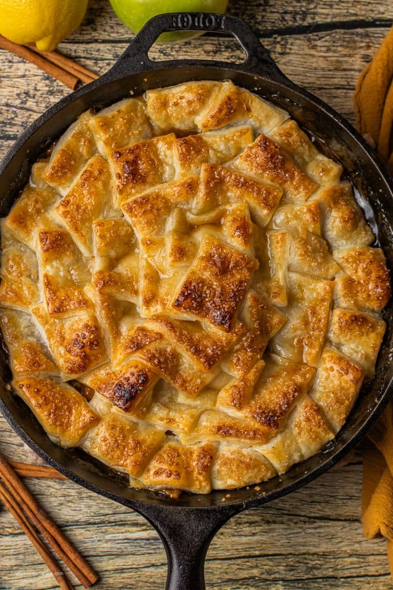 skillet apple pie made with a puff pastry crust topping