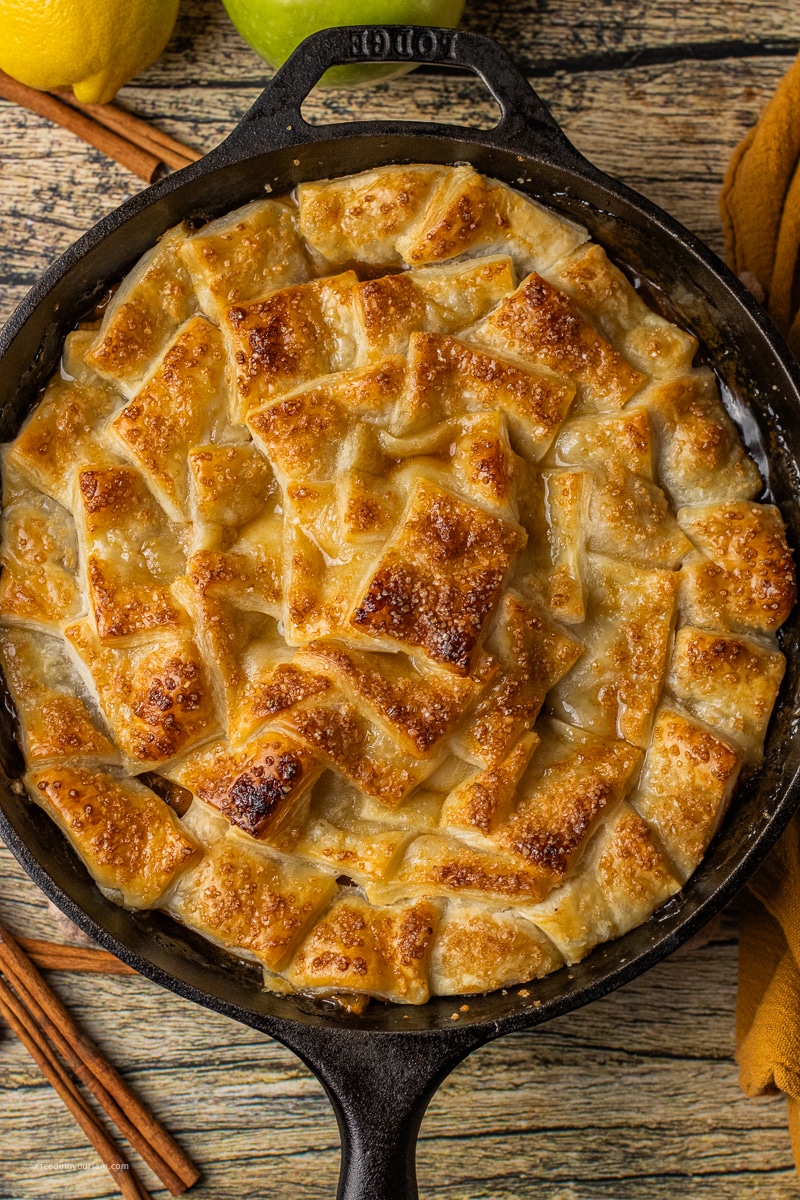 skillet puff pastry apple pie with a browned top