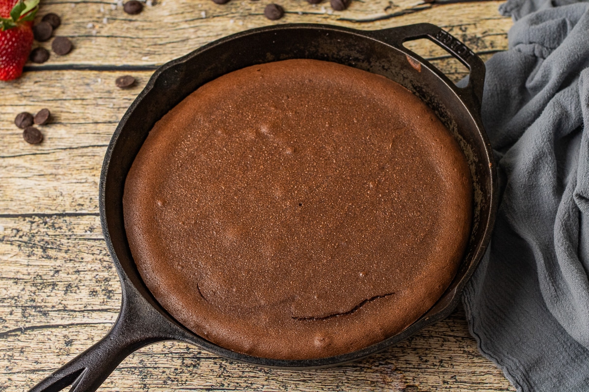 chocolate lava cake baked in a cast iron skillet