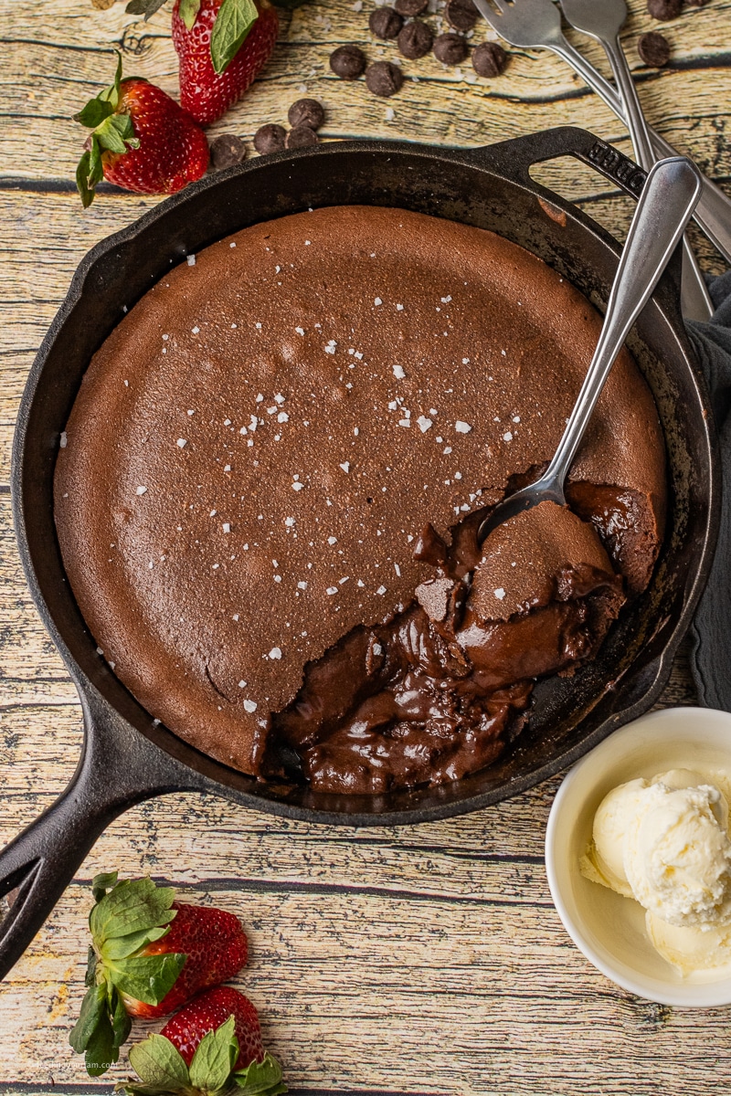 rich chocolate lava cake recipe baked in a cast iron skillet
