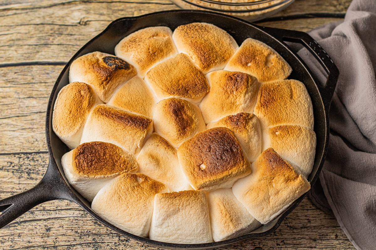 toasted marshmallows in a cast iron skillet