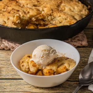 apple cobbler topped with ice cream in a white bowl