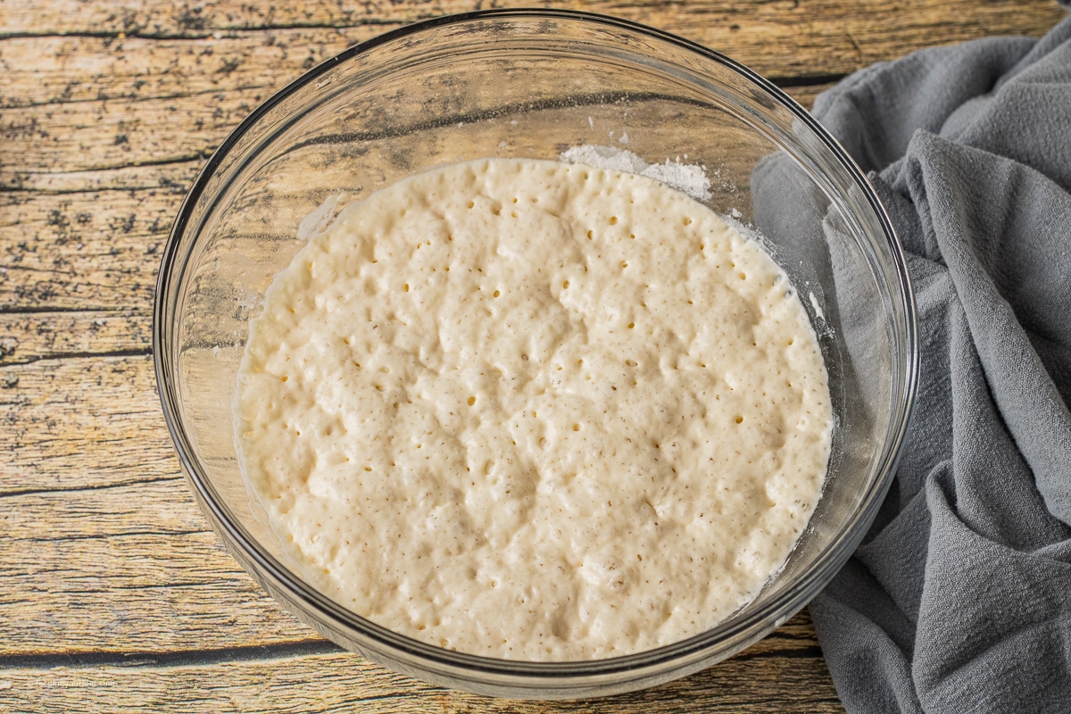 bubbly bread like dough in a mixing bowl