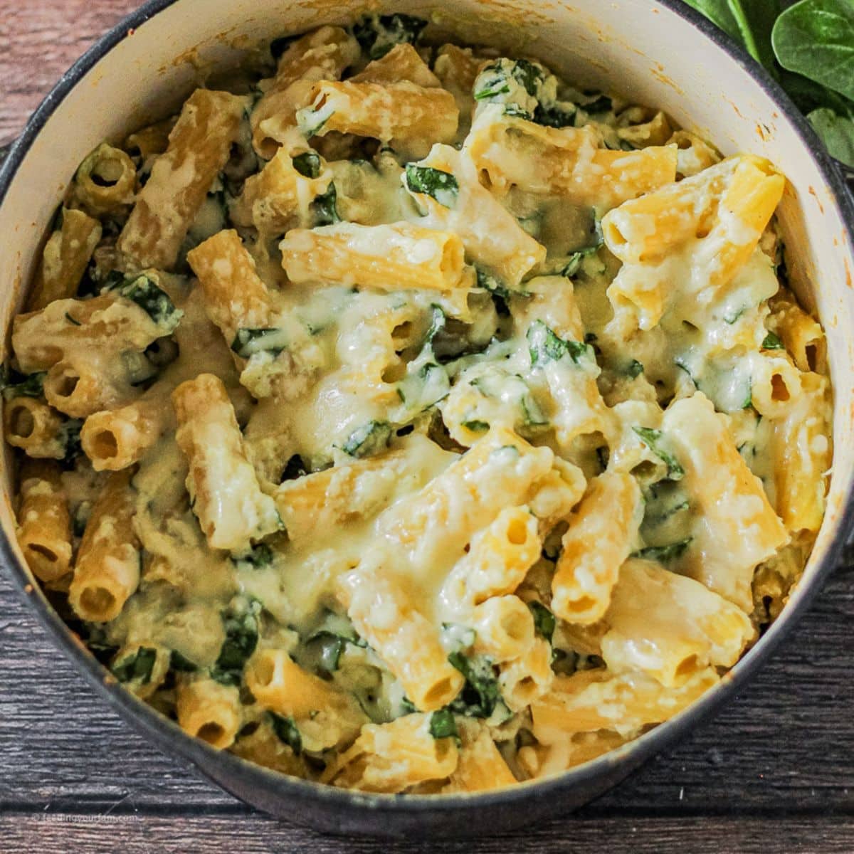 round pasta with spinach and ricotta in a large pot.