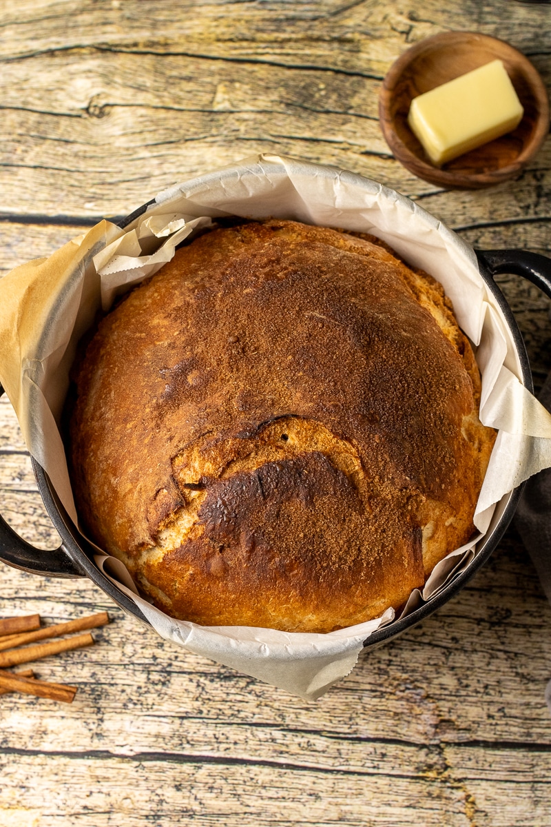 cinnamon sugar bread baked in a dutch oven pan
