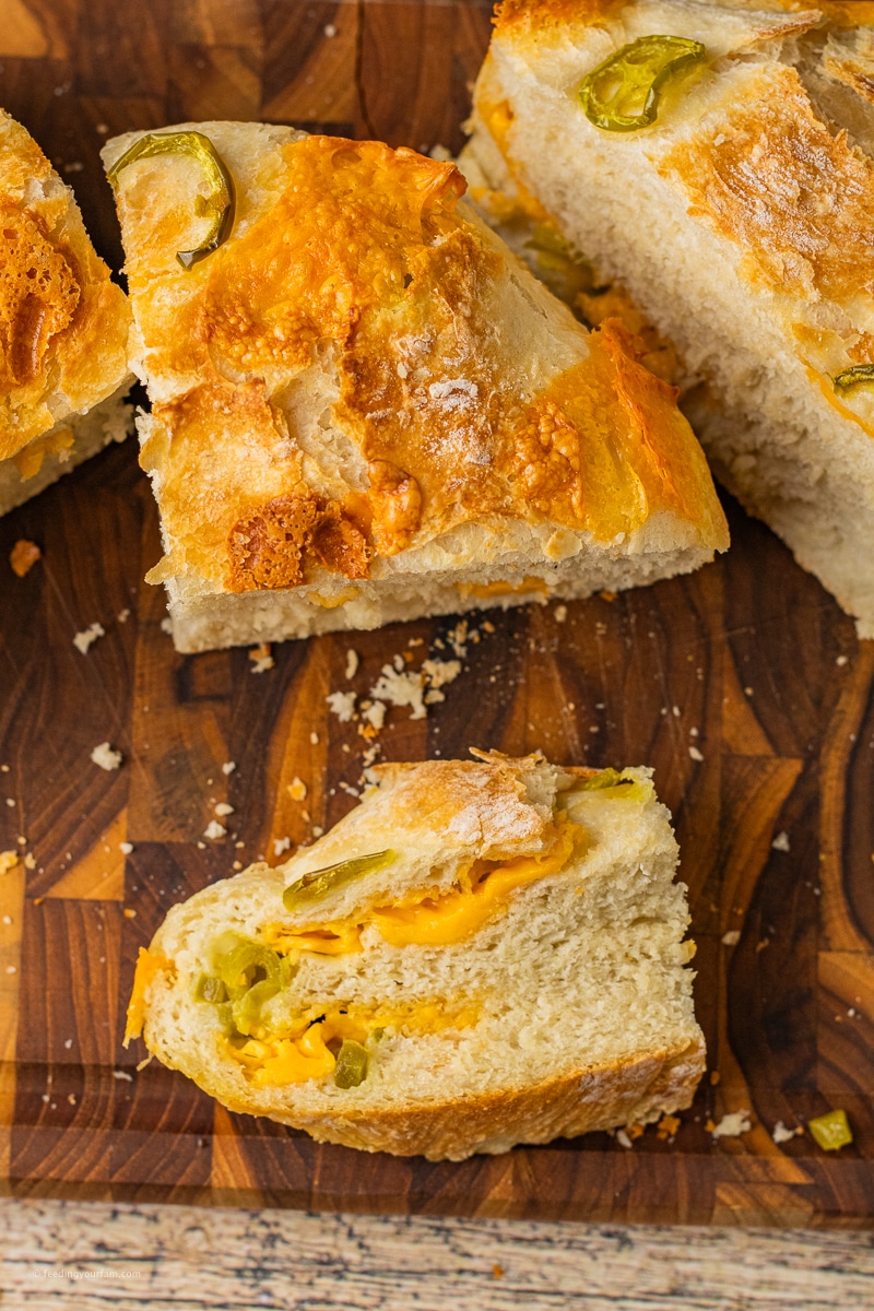 jalapeno cheddar bread with melted cheese and jalapeno pieces