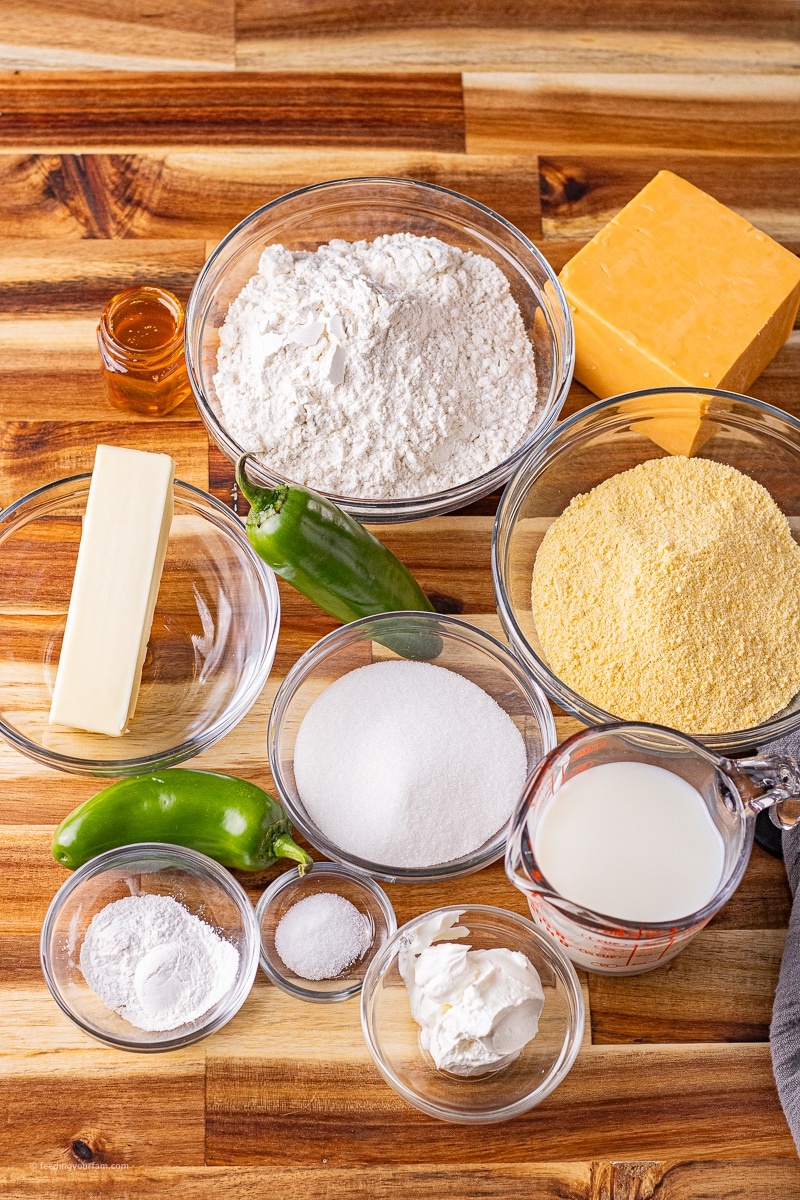 bowls of ingredients for cheddar jalapeno cornbread